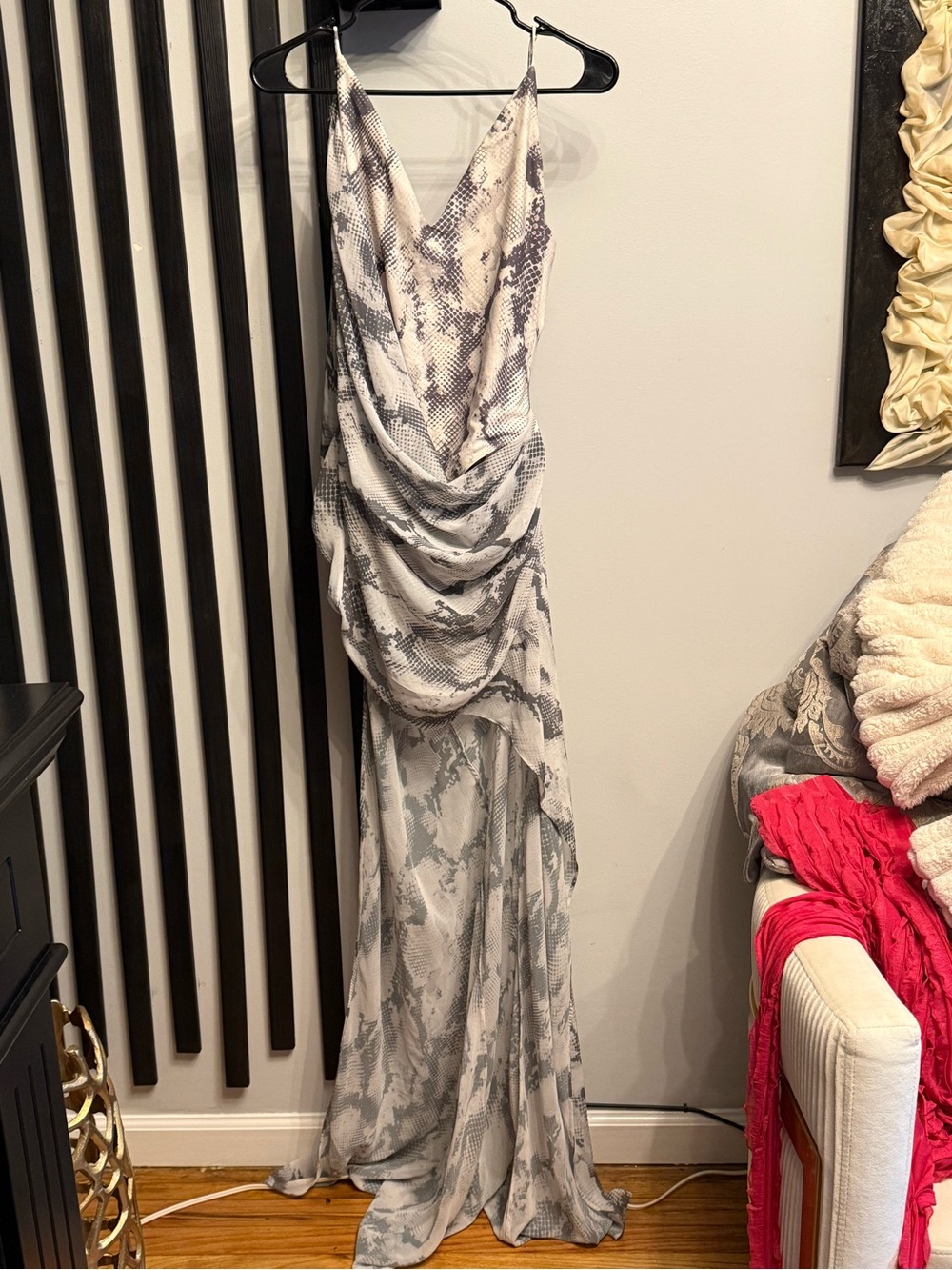 REVOLVE Gray and White Snake-Print Draped Maxi Dress